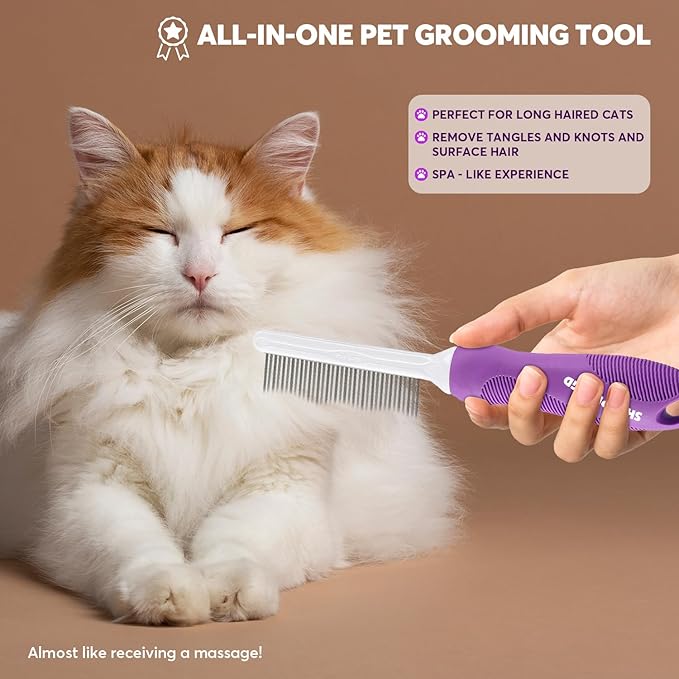 Detangling Pet Comb for Dogs & Cats with Long & Short Stainless Steel Metal Teeth for Removes Tangles and Knots - Detangler Grooming Tool for Dematting Matted Fur.