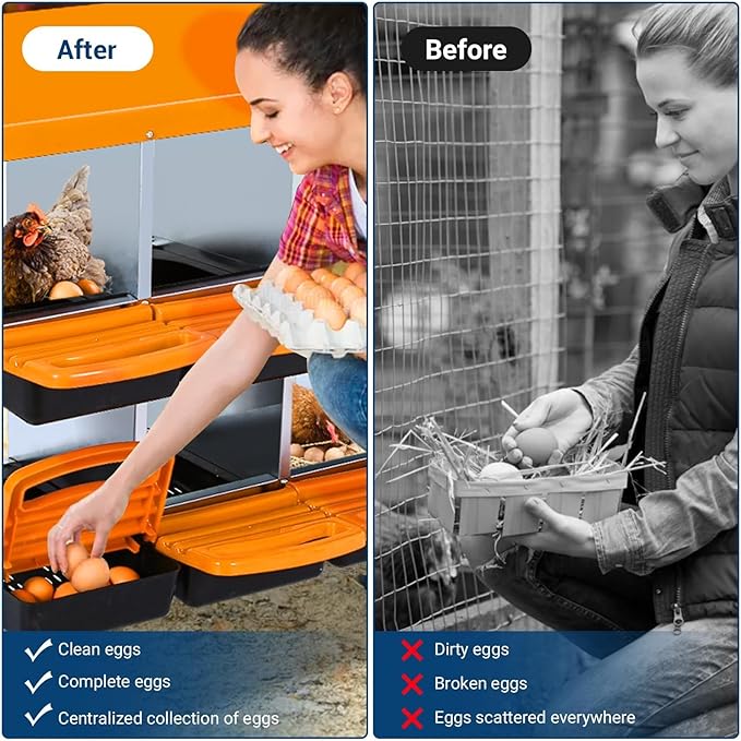 Chicken Nesting Boxes, 8 Hole Metal Chicken Laying Box with with Removable Trays and Roll Out Egg Collection for Chicken Coop, Orange