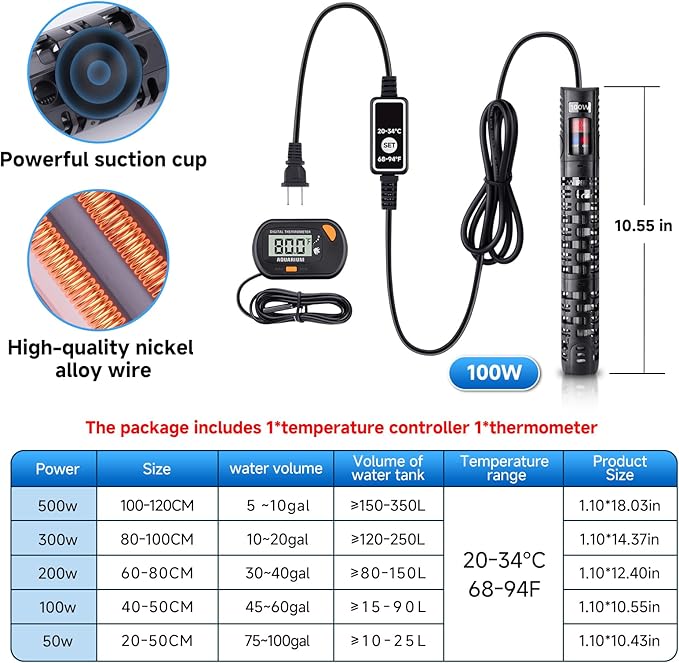Aquarium Heater Submersible Fish Tank 100W& Turtle Tank Heater with External Adjustment Controller, Included Thermometer, LED Display, Overheat Protection, Detachable Cover, for Saltwater&Freshwater