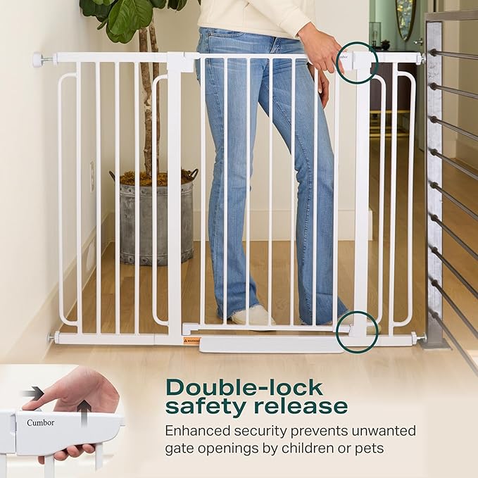 Cumbor 36" Extra Tall Baby Gate for Stairs, 29.7-57" Extra Wide Dog Gate for Doorways Hallways, Pressure Mounted Child Gate for Wide Opening, Auto Close Personal Safety for Babies and Pets, White