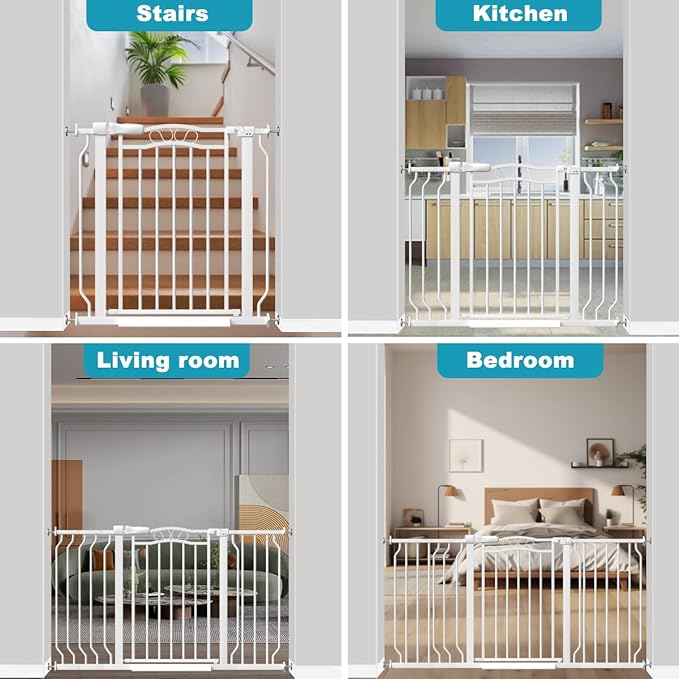 29.9-43.7 in Wide Baby Gate for Stairs Doorways, Auto Close Child Safety Gates Indoor for Dogs Pets, Pressure Mounted Metal Barrier Kids Toddler Door Walk Through, 30" Tall, White