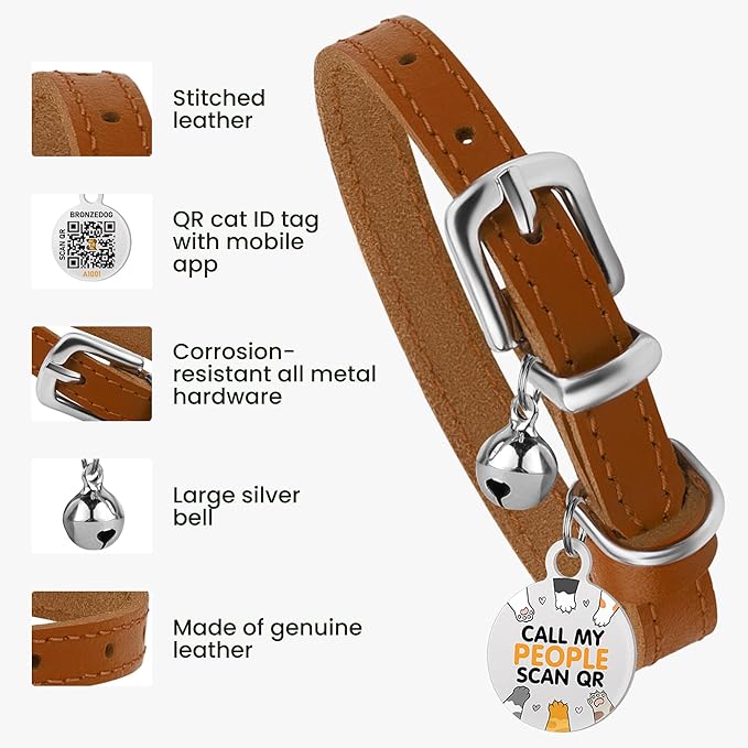 BRONZEDOG Leather Cat Collar with Removable Bells Non Breakaway Kitten QR Tag for Girl Boy (7" - 9" for Cats, Light Brown & Silver)