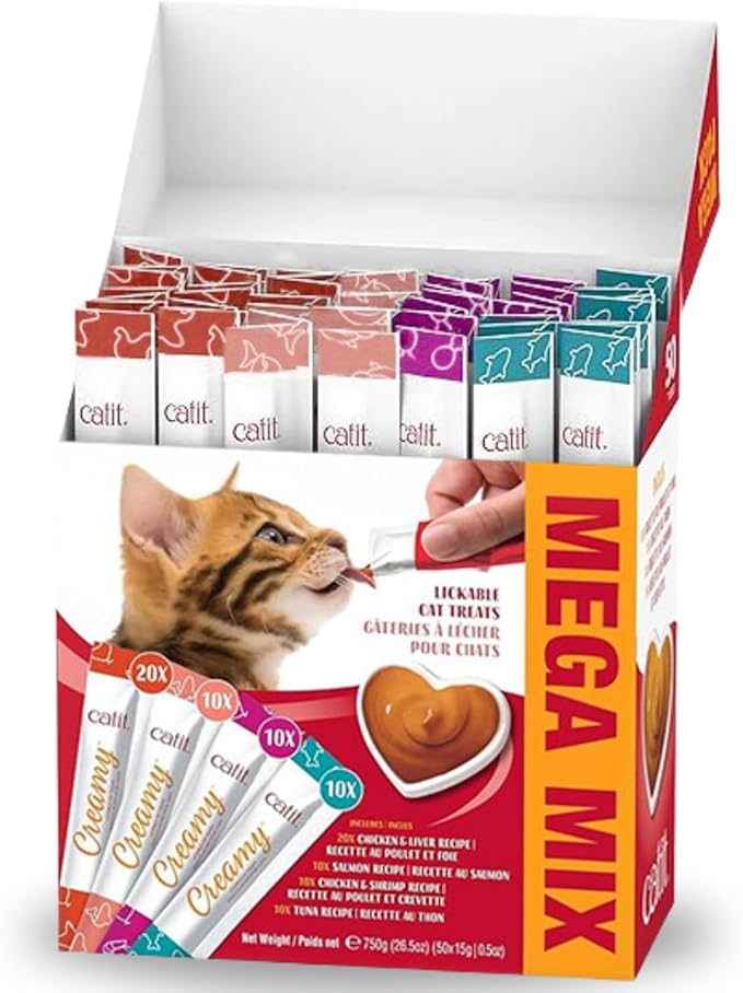 Catit Creamy Lickable Cat Treat – Healthy Variety of Flavors, 50 Pack, Hand-Feed or Serve, Nutrient-Rich Squeeze Tube, 0.5 oz Each