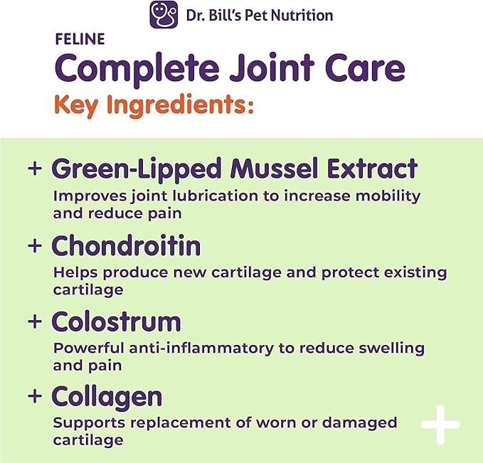 Dr. Bill’s Feline Complete Joint Care | Advanced Hip & Joint Supplement for Cats | Green Lipped Mussel Extract, Collagen Type II, Chondroitin, Hyaluronic Acid, Omega 3 and Colostrum | Powder, 85g