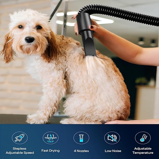 Dog Dryer, 5.2HP/ 3800W Pet Grooming High Velocity Force Blower with 4 Nozzles, Adjustable Speed and Temperature Dog Hair Dryers for Grooming