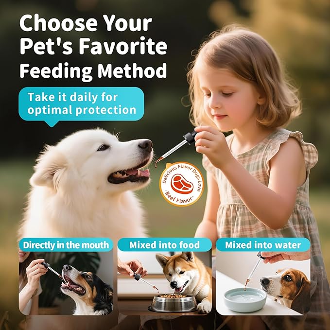 Dog Flea and Tick Support, Natural Herbal Flea & Tick Comfort for Dogs, Flea Liquid Drops Supplement for Dogs with Neem, Oregano, Pumpkin Seed Oil - Beef Flavor, 2 FL.Oz - All Breeds & Sizes