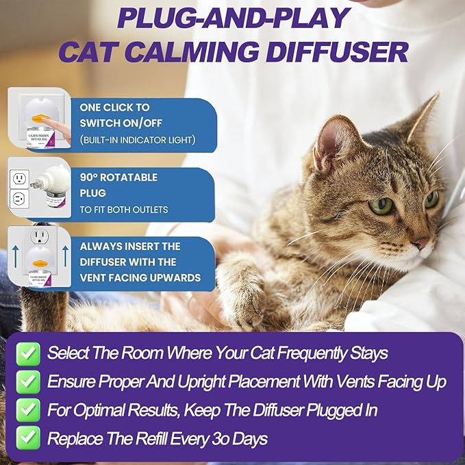Cat Calming Diffuser, Cat Pheromones Calming Diffuser, Pheromone Dffuser to Calm Cats, Cat Calming Diffuser with 2 Diffuser + 4 Refill,120 Days for Cats Relief Stress Anxiety (Purple)