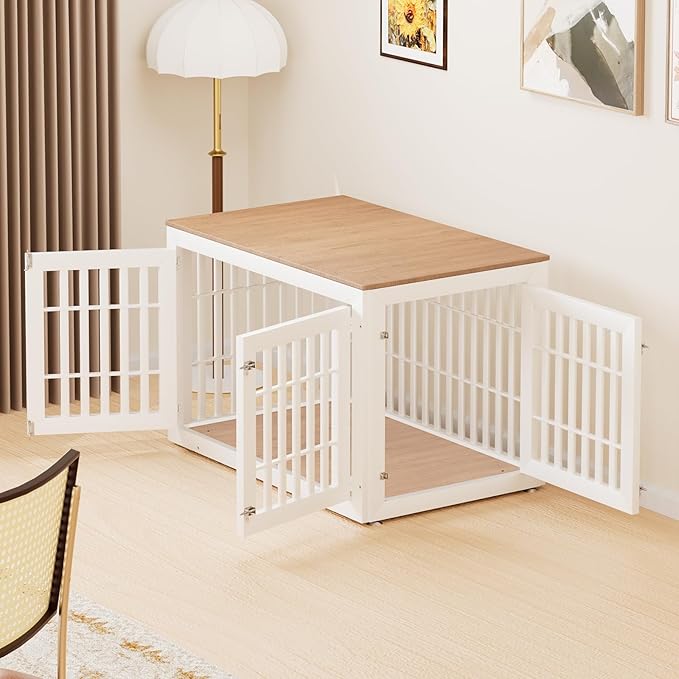 48" Heavy Duty Dog Crate Furniture for Small,Medium and Large Dogs,Rustic Wooden Dog Cage Kennel Indoor Furniture with Waterproof Top,Decorative Pet House Side End Table (White & Wood)