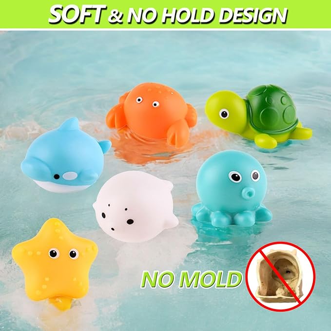 Bath Toys for Babies 6-12+ Months, Wind-up Ducks Bath Toys for Kids Ages 1-3, No Hole Baby Bath Toy Ocean Animal Floating Pool Toys for Toddlers, Water Toys Fishing Net Watering Can
