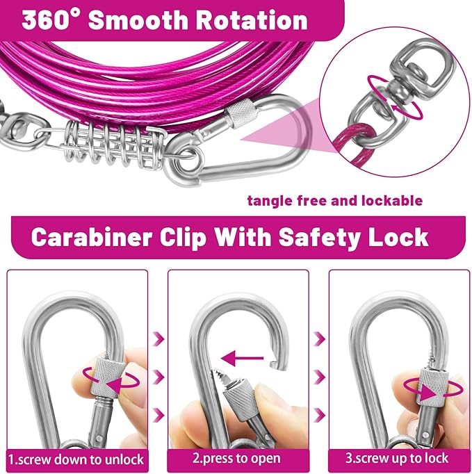 Dog Tie Out Cable 10/15/20/25/30FT Dog Run Cable Rosy Pink/Blue/Purple/Silver/Red/Green/YellowTie Out Cable for Large Dogs Heavy Duty for Outside Hold Large Dogs Up to 250LBS