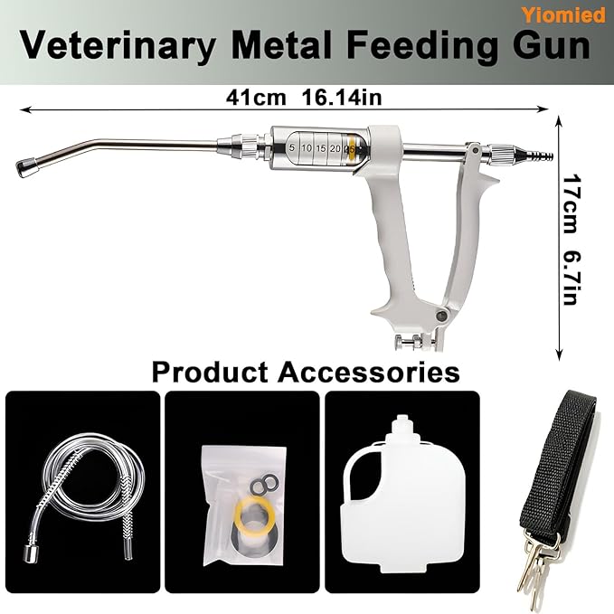 30ML Veterinary Metal Feeding Gun, Continuous Drench Gun Dosing Device Veterinary Adjustable Medicine Dispenser Husbandry Autonomous Feeding Tool, for Pig Cow, Sheep, Horse (White Color, 30ML+Kettle)