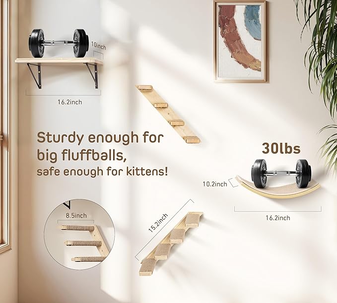 Cat Wall Shelves Set with Sisal Cats Window Perch, 4 Piece Wood Climbing Furniture with Curved Sisal Bed, Flat Shelf & Two Wall-Mounted 4 Steps Cat Stairs
