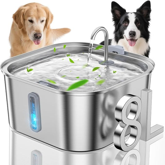 Dog Water Fountain for Large Dogs, 8L/2.1Gal Stainless Steel Pet Water Fountain with Water Level Window, Automatic Dog Water Bowl Dispenser for S-L Dogs and Multi-Pets