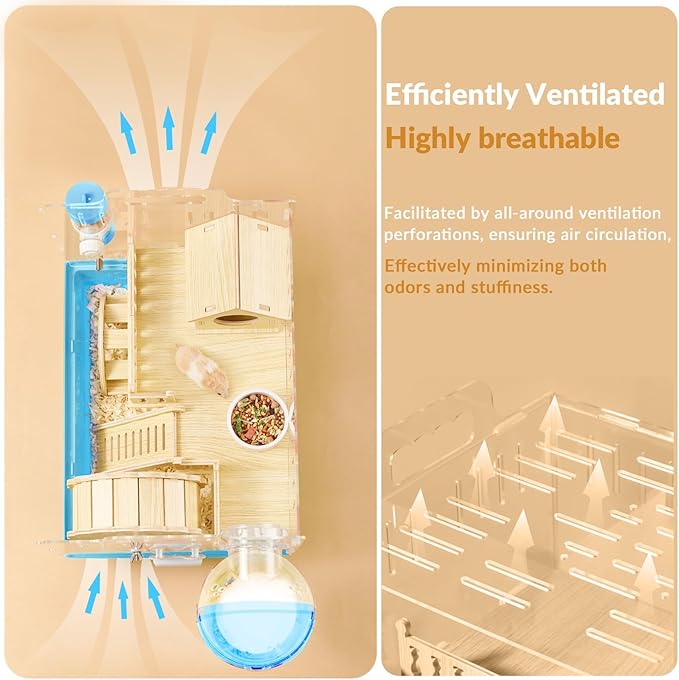 Cycodo 8 in 1 Acrylic Hamster Cage,2-Tier Dwarf Hamster Cage with Wooden Wheel & Hideout,Small Hamster Habitat with Accessories,Clear Pet Mice House(Blue,14" L*10" W*11" H)