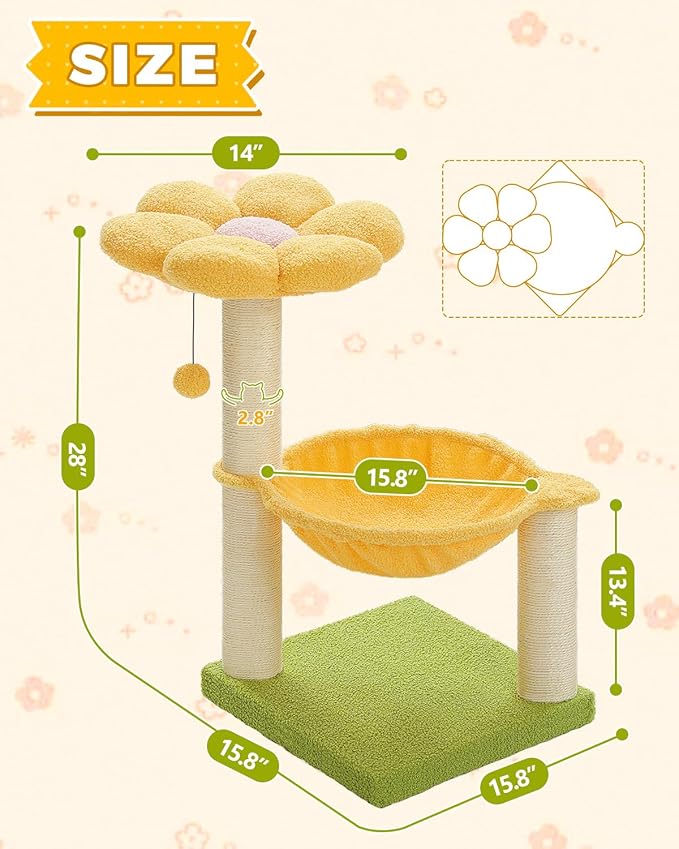 28" Flower Cat Tree Cute with Flower Top Perch, Large Hammock for Indoor Small Cats, Small Cat Tower with Cute Scratching Post and Fur Toy Ball for Kittens, Yellow