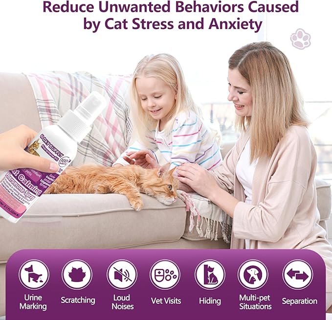 Cat Calming Pheromone Spray, Feline Calm Pheromones Spray- Anti Anxiety Pet Products, Cats Reduces Scratching Furniture Peeing Marking Calming Cat for Travel, Vet Visits - 60 Day Kit (2 * 60 mL)