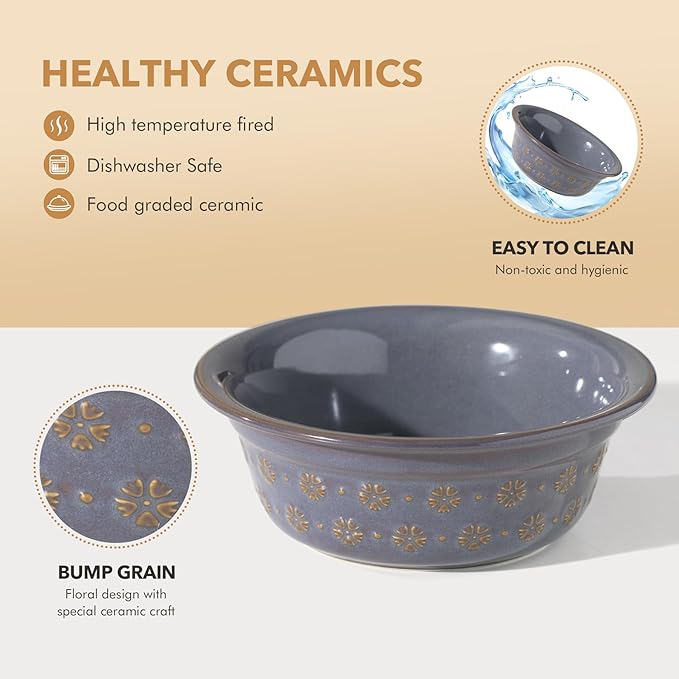 5.5inch Ceramic Set of 2 Dog and Cat Bowls, 2pcs Basic Food and Water Dishes for Puppy, Kitty, Wide Opening Rounded Edge (2 Bowls, Reactived Glaze -Grey)