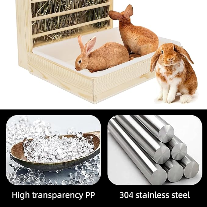 2 in 1 Wooden Rabbit Hay Feeder Box Safe Bunny Feeder Manger Grass Food Holder Rack Hay Holder with Toilet Rabbit Hay Feeder with Litter Pan Designed for Rabbits Guinea Pig Hamster Small Animals