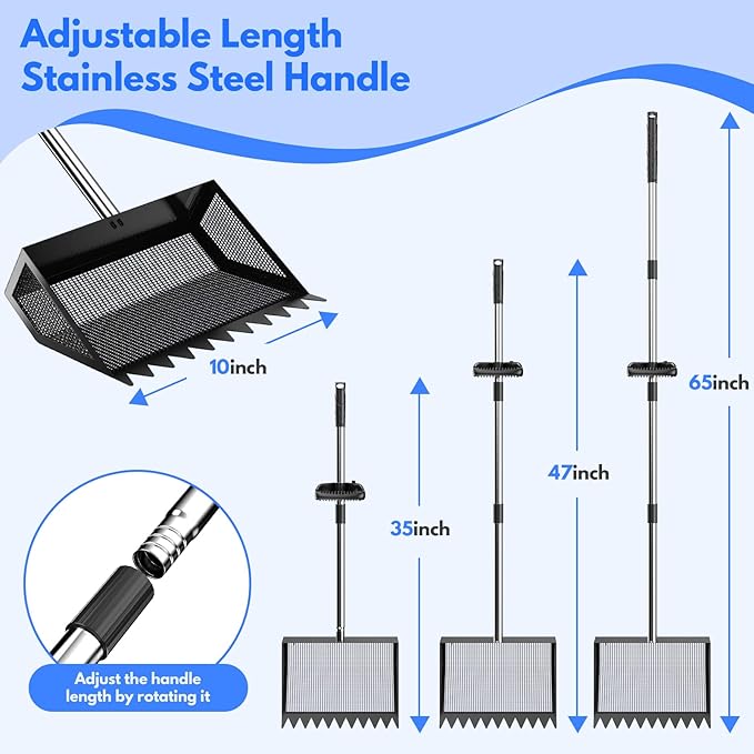 Chicken Poop Scooper & Rake 2-in-1, 304 Stainless Steel Shovel Head, Chicken Litter Scoop with Handle for Chicken Coop & Pet Waste Cleaning, Litter Sifting Shovel (35 to 65") US Patent Pending (Black)