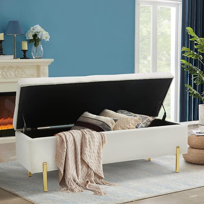 45.6 Inch Velvet Storage Bench Upholstered Tufted Settee Ottoman Bench with Storage, Bed End Bench with Soft Close Lid, for Bedroom, Living Room, Entryway, Rectangular Accent Bench, Beige