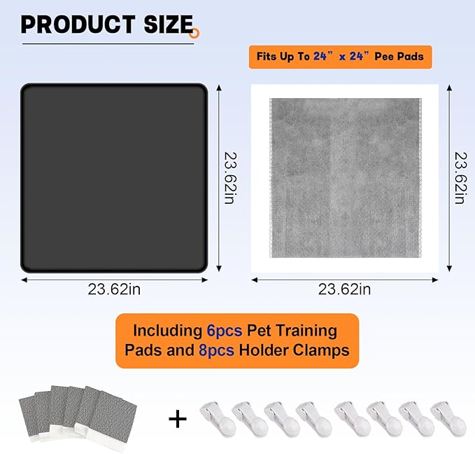 Dog Pee Pad Holder, Puppy Pad Holder Tray for 24'' x 24'' Training Pads, 15pcs Dog Potty Tray Set Include High Edge Silicone Mat & 6 Activated Charcoal Disposable Puppy Pads & 8 Holder Clamps