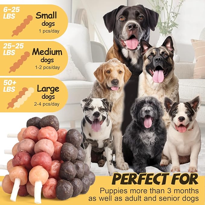 ASMPET Dog Treats Chews, Multi-Flavor Dog Kabob Snacks, Made with Chicken, Duck, Salmon, Rabbit and Beef, Rawhide Sticks for Dogs