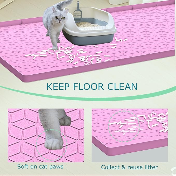 Cat Litter Mat, Silicone Large Cat Mat for Litter Box - 34x22 in, Waterproof & Non-Slip, Durable & Easy Clean, Pink