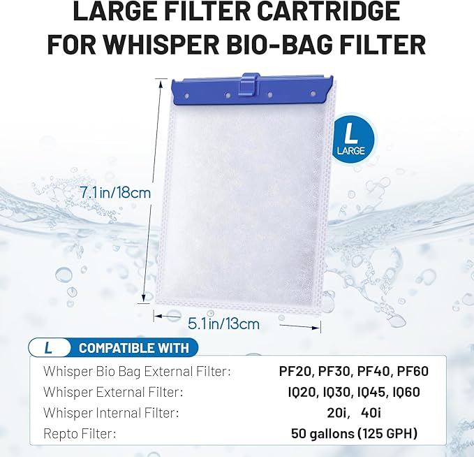16 Count Large Filter Cartridges Compatible with Whisper Bio Bag Filters, Large Aquarium Filter Cartridge for Whisper 20i 40i, IQ20/30/45/60, PF20/30/40/60 and Repto Filter