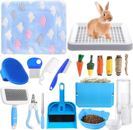 19 Pcs Rabbit Starter Kit Small Bunny Litter Box Animal Grooming Kit Water Bottle Bunny Toys Hay Feeder Bowl Blankets with Cleaning Set for Guinea Pig Rabbit Accessories