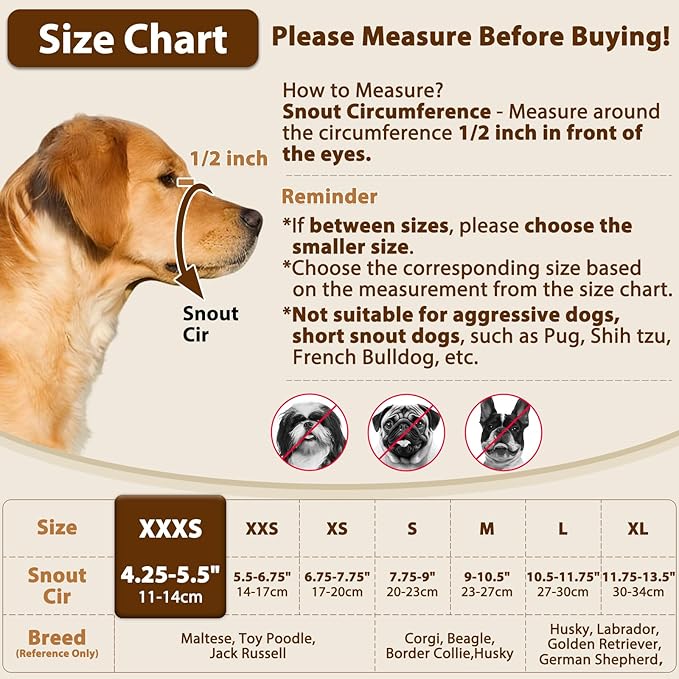 Crazy Felix Nylon Dog Muzzle for Small Medium Large Dogs, Air Mesh Breathable and Drinkable Pet Muzzle for Anti-Biting Anti-Barking Licking (XXXS, Beige)