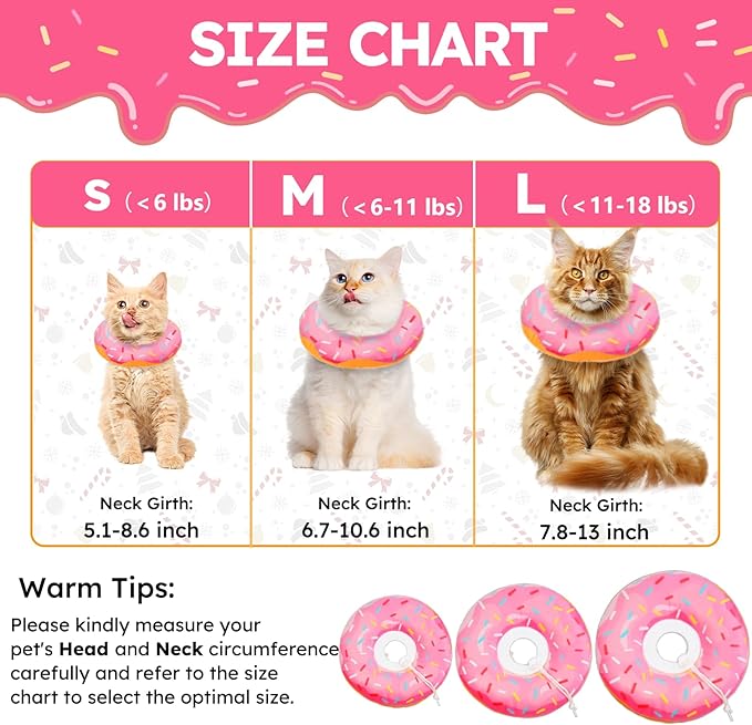 Cat Cone Collar Soft, Cat Recovery Collar for Wound Healing Cute Donut Adjustable Cones to Stop Licking Comfortable Lightweight Neck Elizabethan for Kittens After Surgery