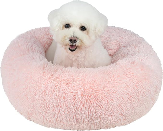 Best Pet Supplies Round Donut Dog Bed with Plush Faux Fur Fabric, Calming, Anti-Anxiety Cushion for Indoor Pets, Slip-Resistant Base, Soft Ergonomic Support - Pink, 20x20x6''