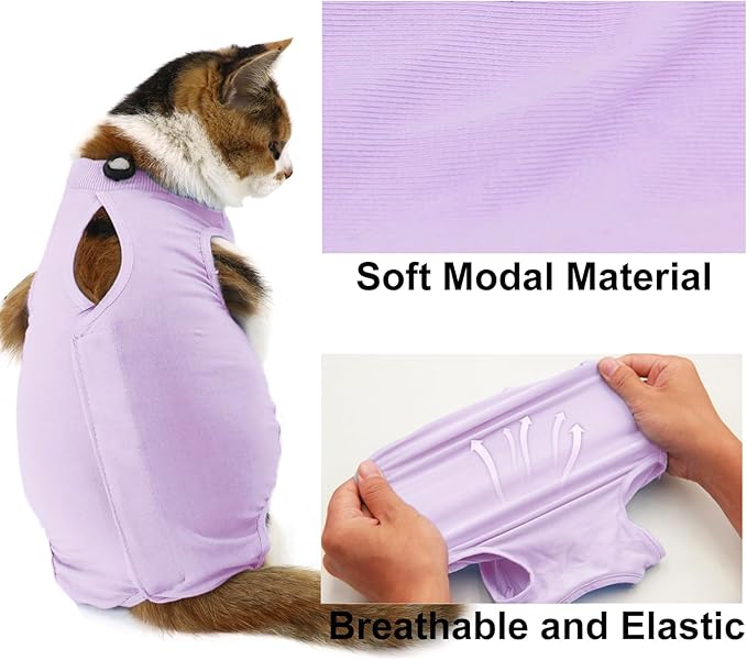 Cat Recovery Suit, Surgical Recovery Clothes for Abdominal Wound or Skin Disease, Cats Onesie After Surgery and Spay, E-Collar Alternative Pajama Suit (Purple, Small)
