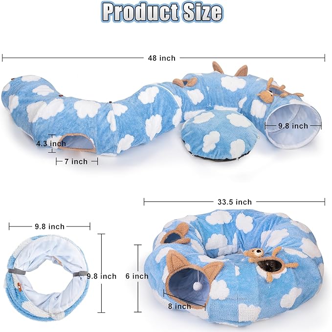 Cat Tunnel Bed, Cat Tunnels for Indoor Cats with Washable Circle Cushion, Multifunctional Peekaboo Cat Cave Donut Tubes Tunnel for Cat Kitty Kitten Puppy Rabbit Ferret (Sky Blue)