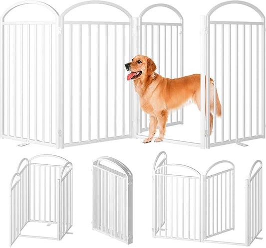 4 Panles Full Matel Freestanding Dog Gates with Door, 96"Extra Wide 36"Tall Free Standing Dog Pet Gate for Indoor & Outdoor. Foldable Pet Fences for Doorways, House, Stairs, Porch, Deck, Yard