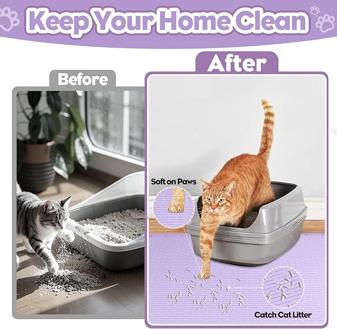 Cat Litter Mat, Extra Large 40" x 28" Silicone Mat Litter Trapping Mat for Scatter Control, Soft on Kitty Paws, Easy to Clean (Purple)