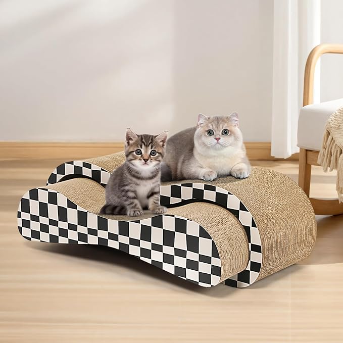 2 in 1 Cat Scratcher Cardboard Lounge Bed, Cat Scratching Post, Durable Board Pads Prevents Furniture Damage,Large,Checkerboard