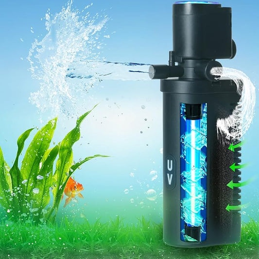 158GPH Small Aquarium Filter, UV Sterilizer for Aquarium for 10-45 Gallon Tank, Internal Pump for Turtle Betta Fish Tank Filter Silent 4-in-1 Green Killing Machine with Fish Tank Filters Deodorization