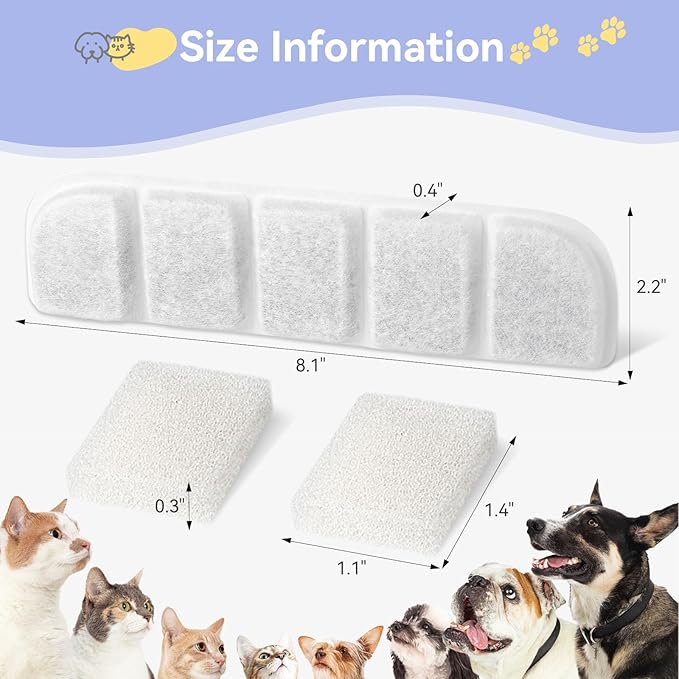 12 Pack Replacement Filter for SIBAYS & Kastty 355oz / 2.8Gal / 10.5L Large Dog Water Fountain, Coconut Shell Activated Carbon Pet Water Fountain Filters with 12 Pack Sponges