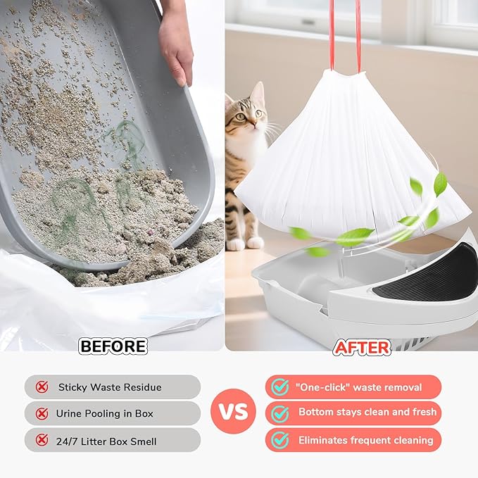 80 Count Thicken Cat Litter Box Liners for Automatic Cat Litter Box and Litter-Robot 4/3, Heavy-Duty Drawstring Kitten Litter Drawer Liners Disposable 25" x 16"