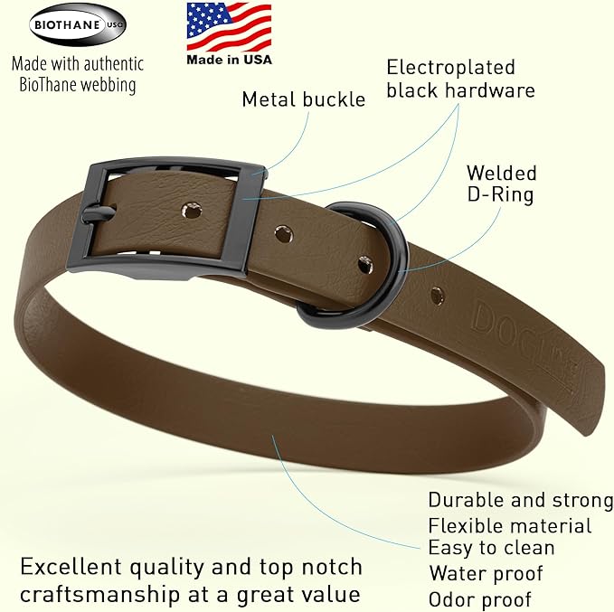Dogline Biothane Waterproof Dog Collar Strong Coated Nylon Webbing with Black Hardware Odor- Proof for Easy Care Easy to Clean High Performance Fits Small Medium or Large Dogs, Dark Chocolate Brown