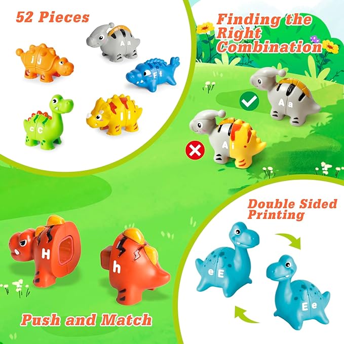 52 PCS Dinosaur Alphabet Learning Toys for Toddlers Kids 3-5, 10 Different Dinosaur Figures, Double Sided ABC Matching Game, Preschool Activities Montessori Fine Motor Toys for Toddlers Kids