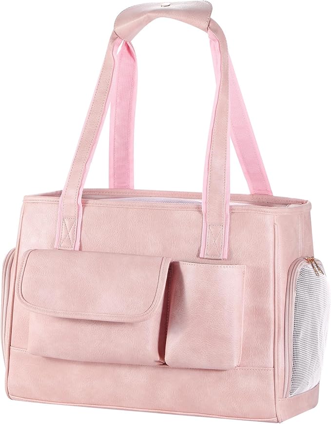 Dog Carrier Purse, Fashion Leather Pet Carrier Bag, Airline Approved Soft Sided Cat Travel Tote Bag with Pockets Pink