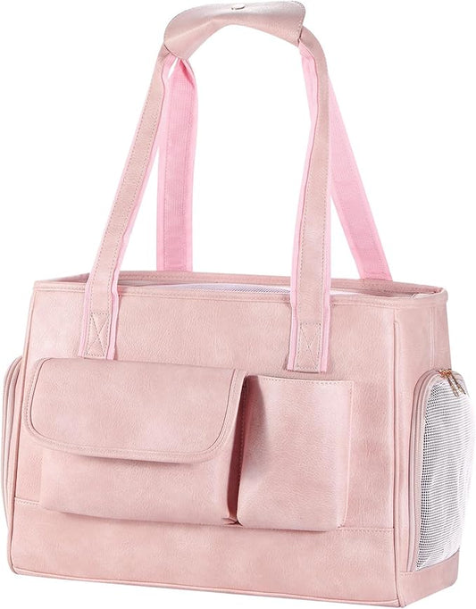 Dog Carrier Purse, Fashion Leather Pet Carrier Bag, Airline Approved Soft Sided Cat Travel Tote Bag with Pockets Pink