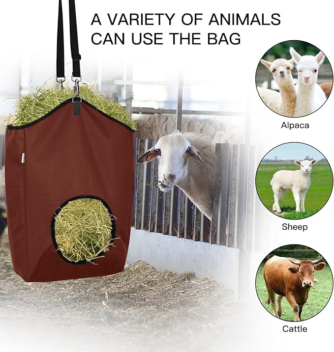 3 Packs Goat Hay Feeder,Hay Bags for Goats,Horses,Sheep,Premium 600D Oxford Cloth,with Metal Fastener and Adjustable Open Feed Hole for Slow Feeding. (2Brown + 1Black)