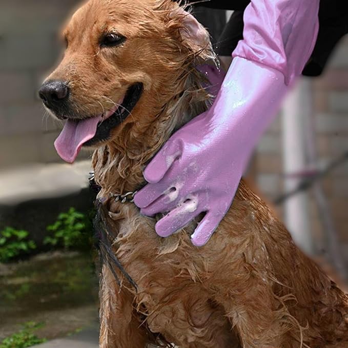 Dog Washing Gloves, Pet Grooming Gloves with Soft Brushes, Bathing and Massaging for Dogs and Cats, Silicone Heat Resistant Cleaning Gloves with High-Density Teeth (Purple)
