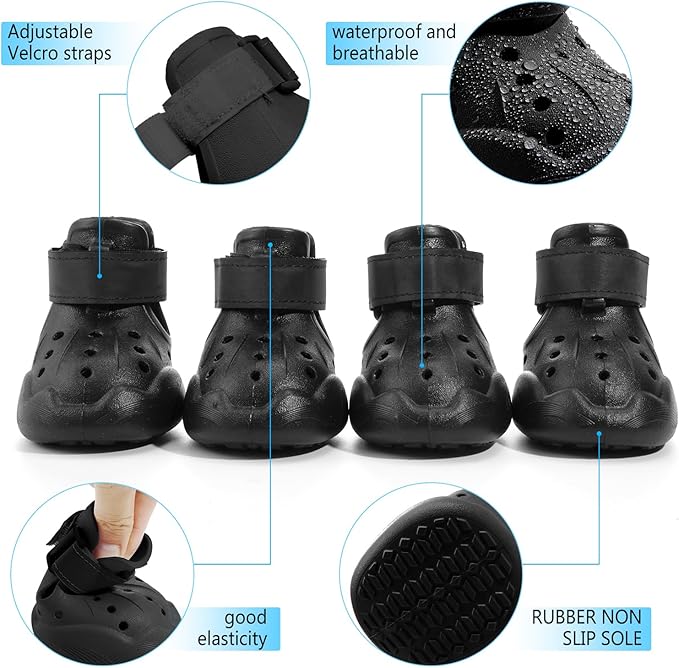 Dog Shoes, Dog Sandals for Hot Pavement, Non-Slip Waterproof Dog Booties for Winter Snowy Day and Summer, Adjustable Straps Easy-Clean Beach Outdoor Pet Boots Rugged Sole-4Pcs Black