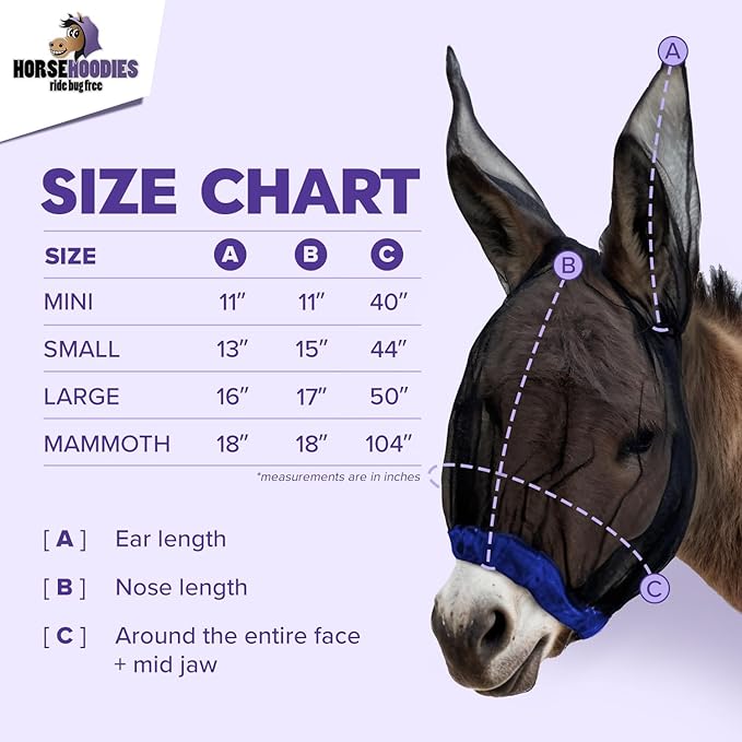 Donkey Fly Mask with Long Ears (Purple) Made in USA - Mule Fly Mask with Ears Protection from Insects and Bugs, Mini Donkey Soft Mesh Fabric with Adjustable Fastener, Face Cover Supplies for Donkeys