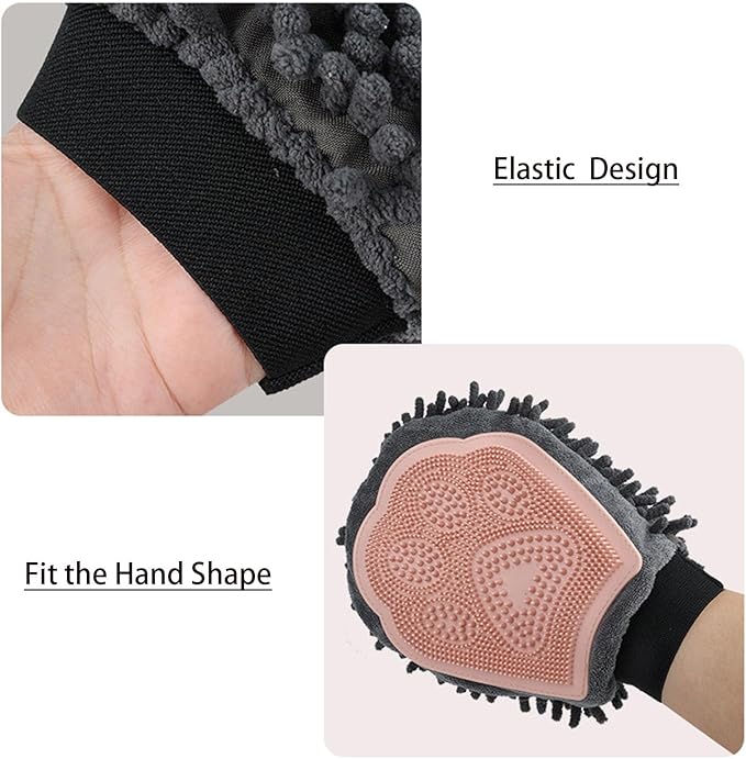 Dual Sided Pet Grooming Glove with Rubber Paw - 2-in-1 Grooming Glove | Fun Dogs & Cats Grooming Tool for Brushing, Massaging, and Scrubbing | Chenille Fabric Side Acts as Pet Bathing(Blue)