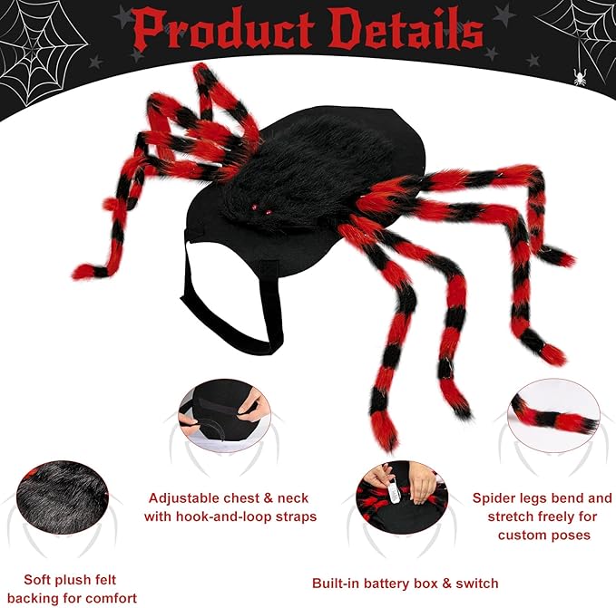 Dog Halloween Costume Large Breed, Furry Dog Spider Costume with 64 LED, Funny Halloween Dogs Costumes for Large Dogs Medium Pet Halloween Party Cosplay (Red)